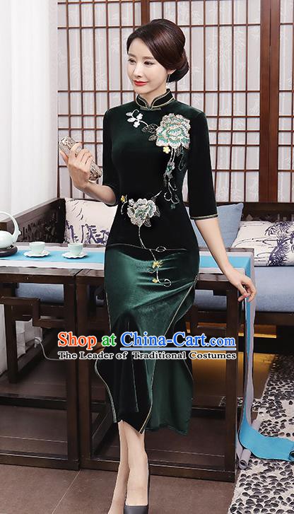 Top Grade Chinese Traditional Qipao Dress National Costume Green Velvet Mandarin Cheongsam for Women
