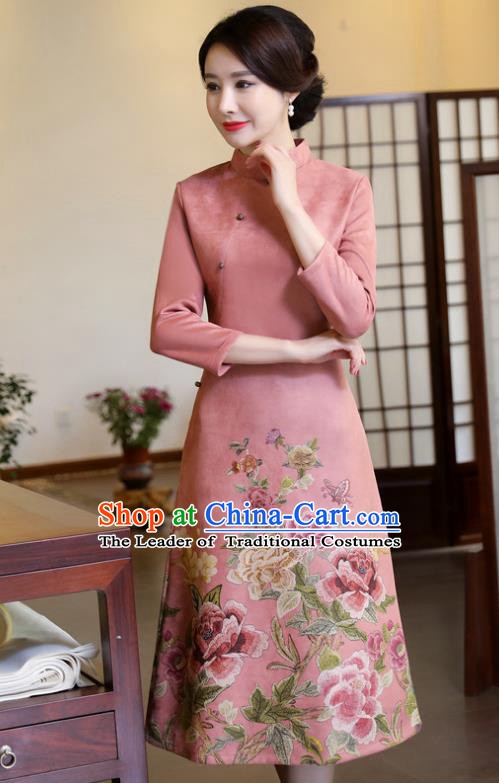 Top Grade Chinese Traditional Printing Qipao Dress National Costume Pink Suede Fabric Mandarin Cheongsam for Women