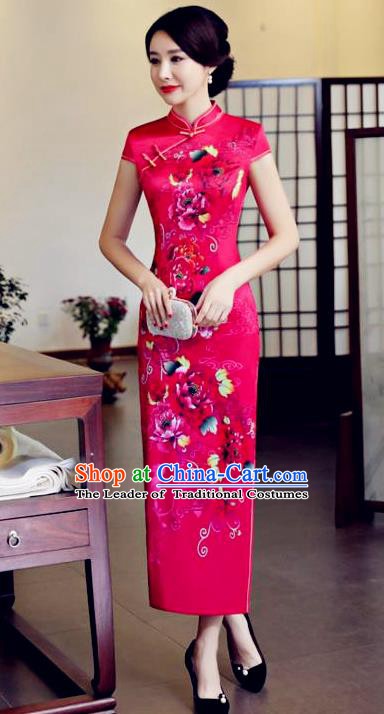 Top Grade Chinese Printing Silk Qipao Dress National Costume Traditional Mandarin Cheongsam for Women