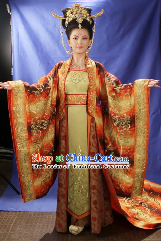 Ancient Chinese Tang Dynasty Queen Wu Zetian Palace Lady Embroidered Dress Replica Costume for Women