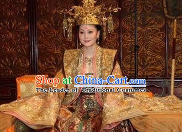 Traditional Chinese Ancient Tang Dynasty Queen Wu Zetian Embroidered Replica Costume and Headpiece Complete Set for Women