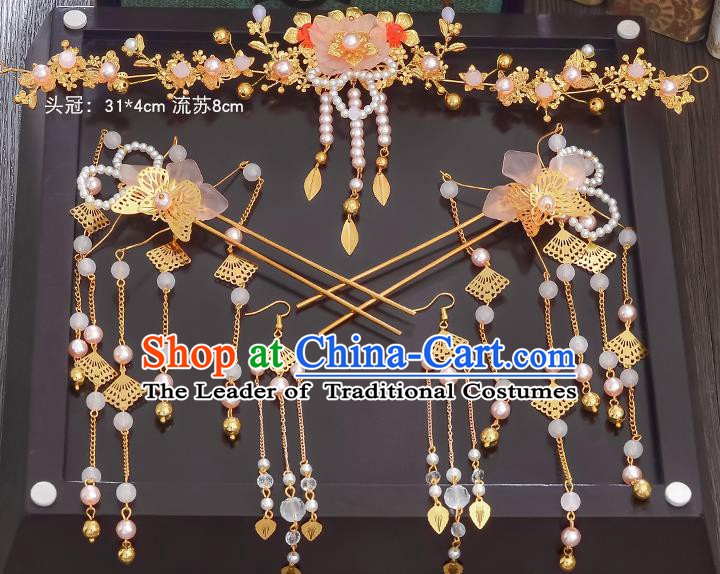 Traditional Chinese Ancient Bride Hair Accessories Xiuhe Suit Hairpins Flowers Hair Comb Complete Set for Women
