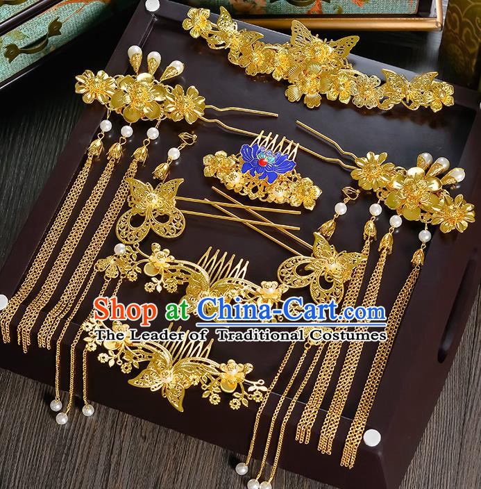 Traditional Chinese Ancient Bride Hair Accessories Xiuhe Suit Golden Butterfly Phoenix Coronet Hairpins Complete Set for Women