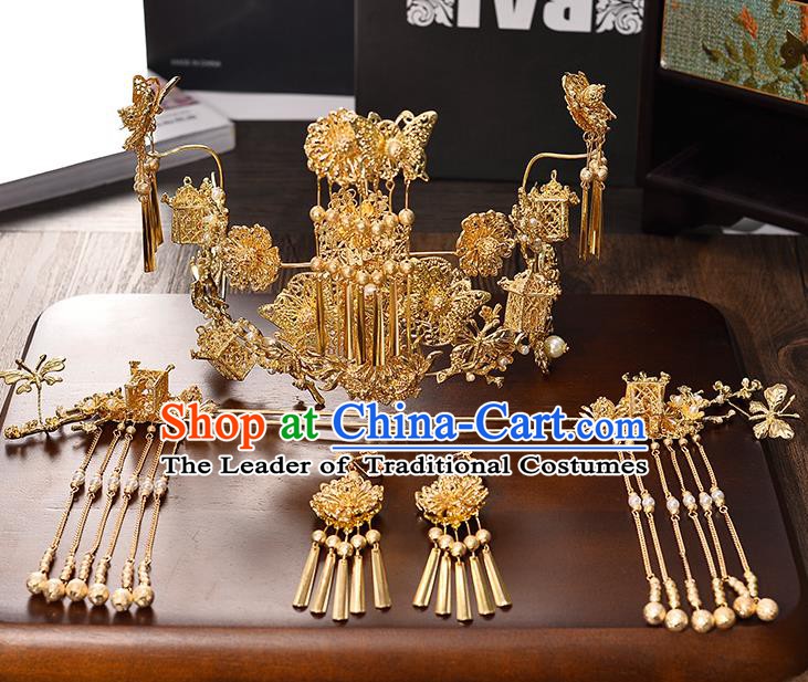 Traditional Chinese Ancient Hair Accessories Xiuhe Suit Bride Phoenix Coronet Hairpins Complete Set for Women