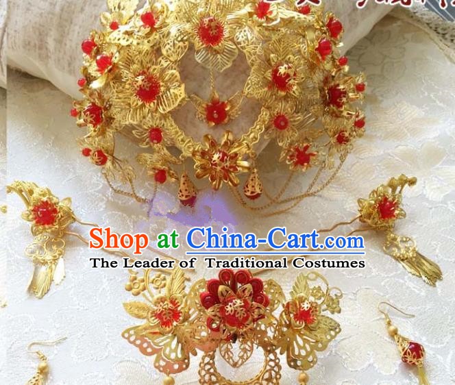 Traditional Chinese Ancient Bride Hair Accessories Xiuhe Suit Hairpins Complete Set for Women