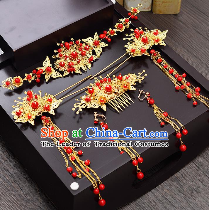 Traditional Chinese Ancient Bride Hair Accessories Xiuhe Suit Hairpins Red Beads Phoenix Coronet Complete Set for Women