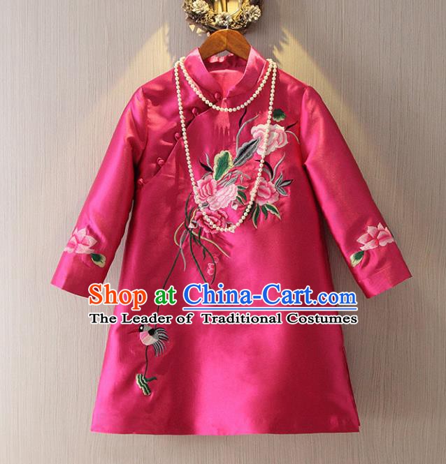 Chinese Traditional National Cheongsam Tangsuit Stand Collar Embroidered Rosy Qipao Dress for Women