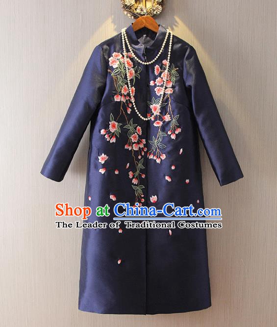 Chinese Traditional National Dust Coat Tangsuit Embroidered Navy Coats for Women