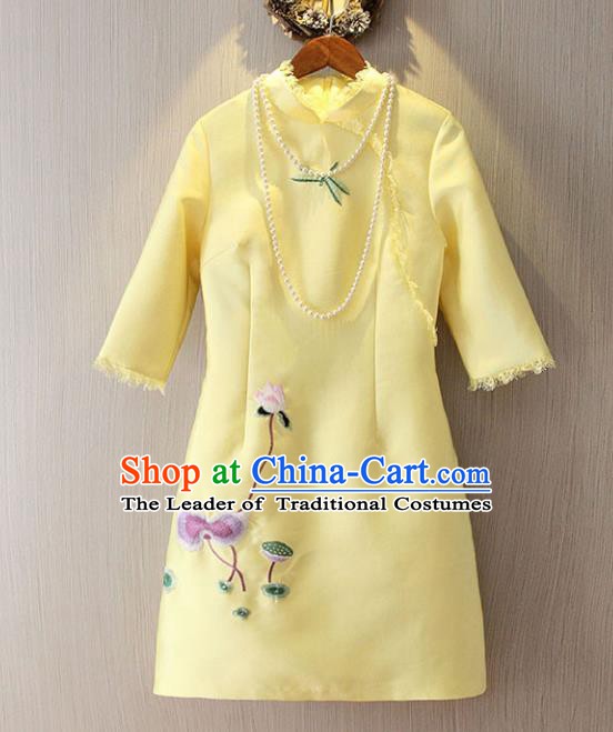 Chinese Traditional National Costume Yellow Cheongsam Tangsuit Embroidered Short Dress for Women