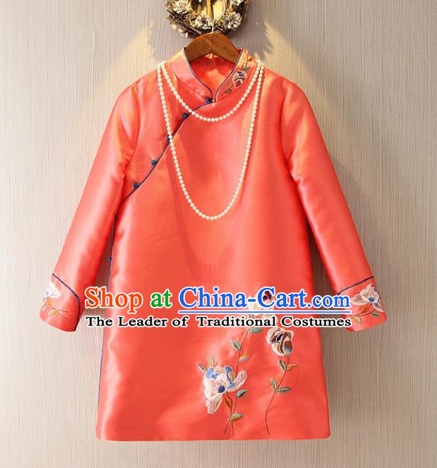 Chinese Traditional National Costume Cheongsam Tangsuit Embroidered Orange Dress for Women