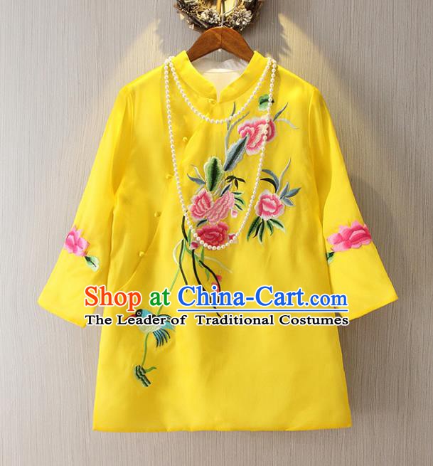 Chinese Traditional National Cheongsam Blouse Costume Embroidered Peony Tangsuit Yellow Shirts for Women