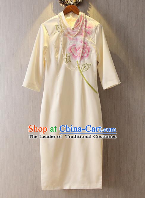 Chinese Traditional National Cheongsam Costume Tangsuit Embroidered White Dress for Women