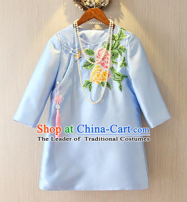 Chinese Traditional National Costume Cheongsam Blue Shirts Tangsuit Embroidered Qipao Blouse for Women