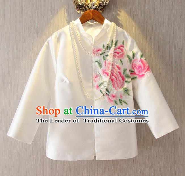 Chinese Traditional National Cheongsam Upper Outer Garment Tangsuit Qipao Embroidered White Jacket for Women