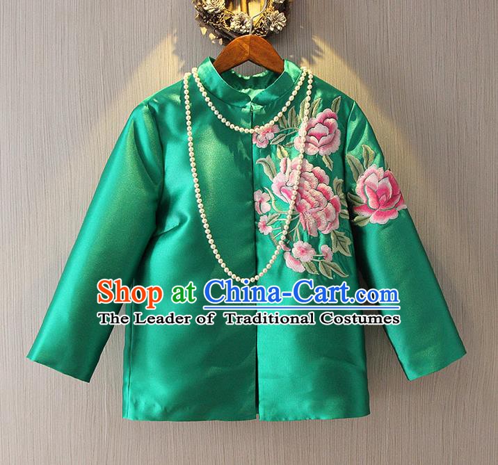 Chinese Traditional National Cheongsam Upper Outer Garment Tangsuit Qipao Embroidered Green Jacket for Women