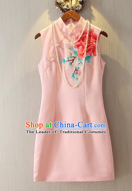 Chinese Traditional National Cheongsam Dress Tangsuit Embroidered Pink Qipao for Women