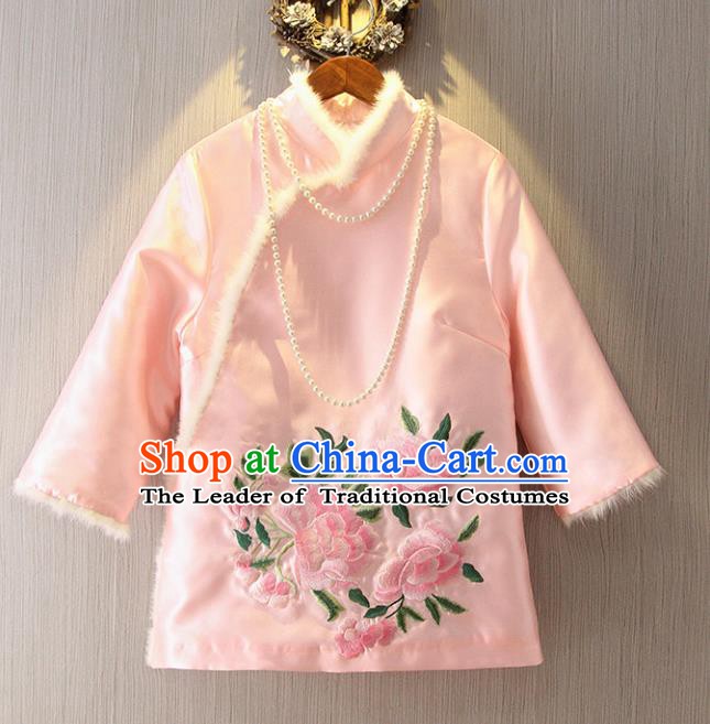 Chinese Traditional National Costume Cheongsam Blouse Tangsuit Embroidered Pink Cotton-padded Jacket for Women