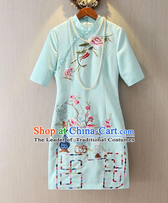 Chinese Traditional National Costume Blue Cheongsam Tangsuit Embroidered Qipao Dress for Women