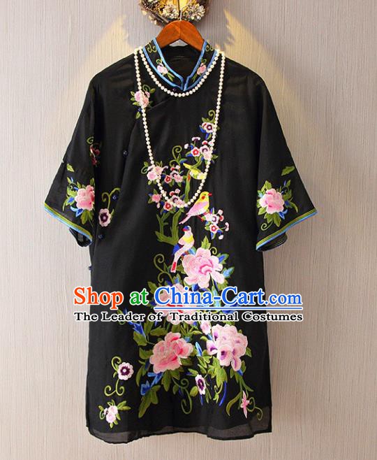 Chinese Traditional National Costume Black Cheongsam Blouse Tangsuit Embroidered Peony Shirts for Women