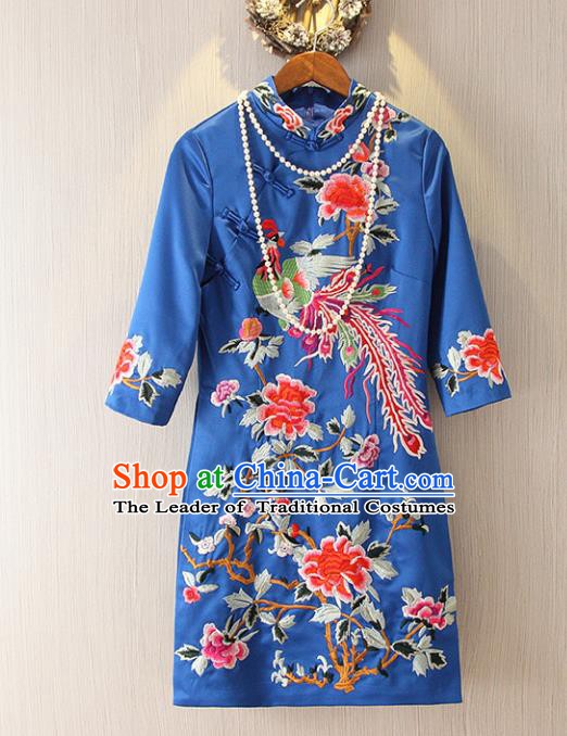 Chinese Traditional National Costume Tangsuit Embroidered Phoenix Peony Blue Cheongsam Dress for Women