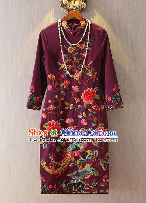 Chinese Traditional National Costume Tangsuit Amaranth Embroidered Cheongsam Dress for Women