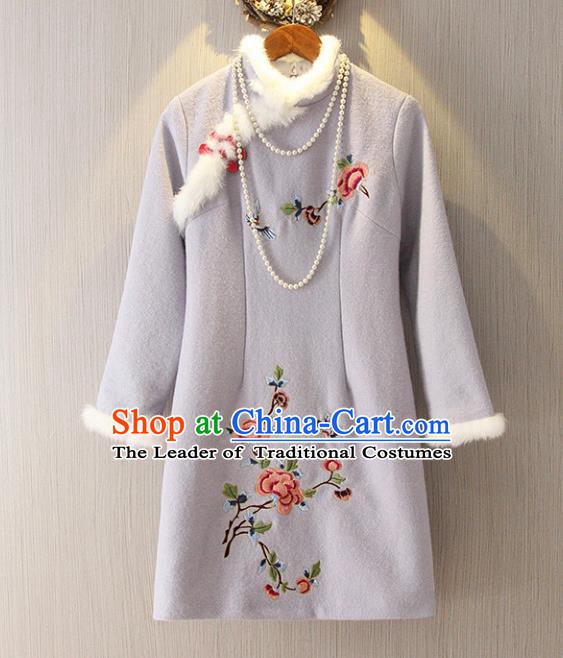 Chinese Traditional National Costume Embroidered Grey Cheongsam Tangsuit Qipao Dress for Women
