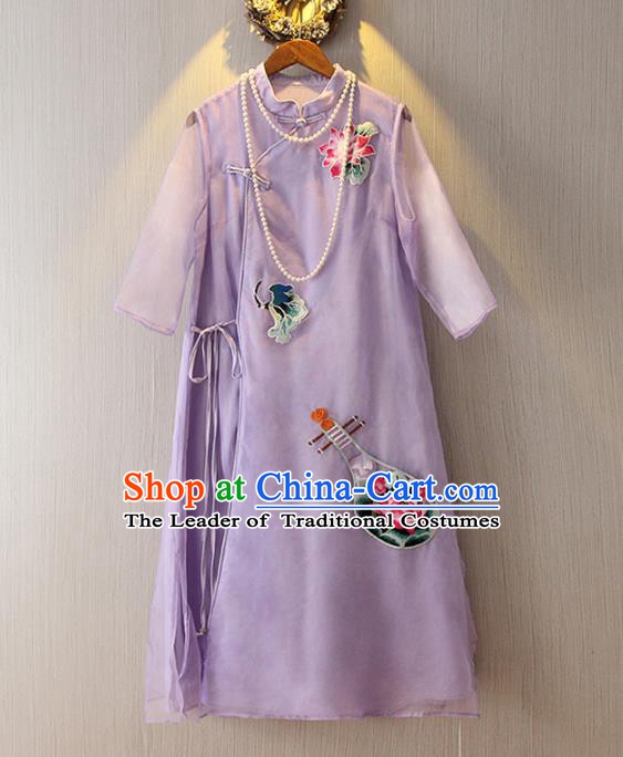 Chinese Traditional National Costume Embroidered Purple Cheongsam Tangsuit Qipao Dress for Women