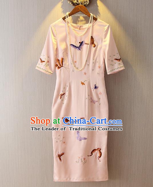 Chinese Traditional National Costume Embroidery Butterfly Pink Cheongsam Qipao Dress for Women