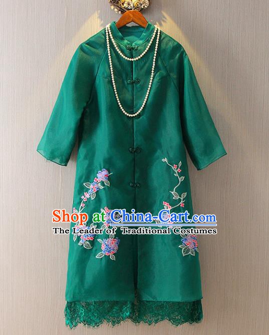 Chinese Traditional National Costume Green Coats Tangsuit Embroidered Cheongsam Dust Coat for Women