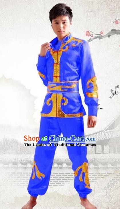 Traditional Chinese Yangge Dance Fan Dance Costume, Folk Drum Dance Dragon Boat Blue Uniform Yangko Clothing for Men