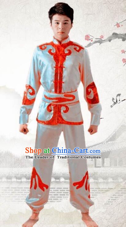 Traditional Chinese Yangge Dance Fan Dance Costume, Folk Drum Dance Dragon Boat White Uniform Yangko Clothing for Men