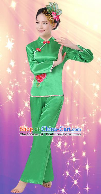 Chinese Traditional Fan Dance Costume, China Folk Dance Green Uniform Yangko Clothing for Women