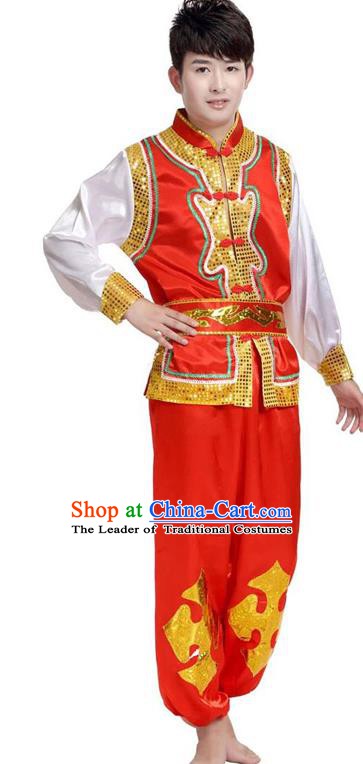Traditional Chinese Yangge Dance Fan Dance Costume, Folk Drum Dance Red Uniform Yangko Clothing for Men