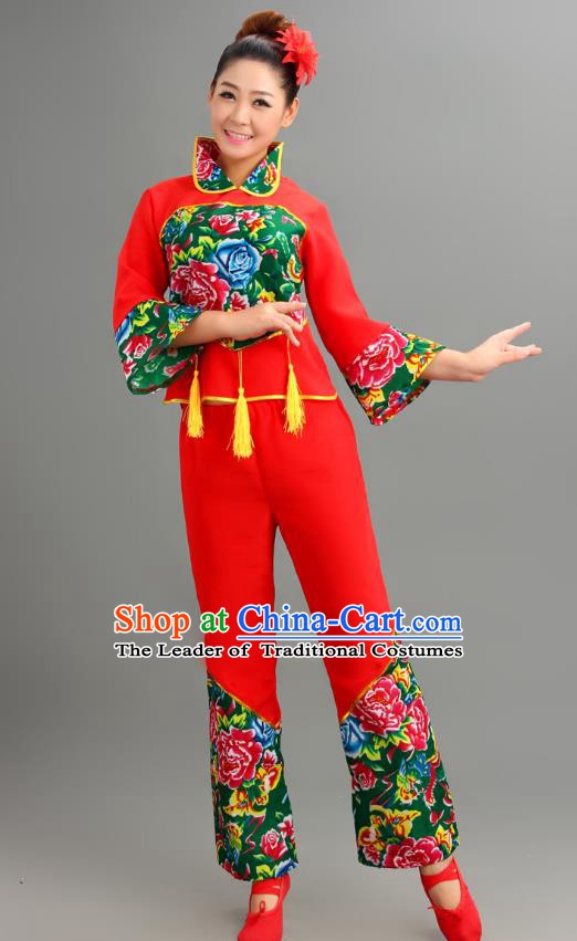 Chinese Traditional Fan Dance Printing Costume Folk Dance Drum Dance Green Uniform Yangko Clothing for Women