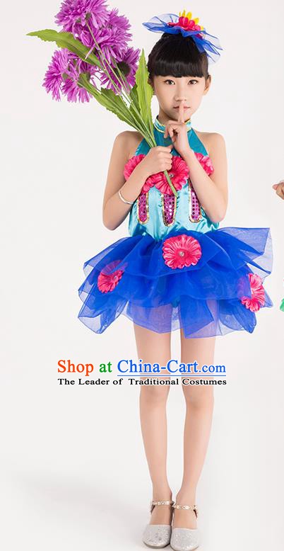Chinese Classic Stage Performance Chorus Singing Group Costume Children Modern Dance Blue Dress for Kids