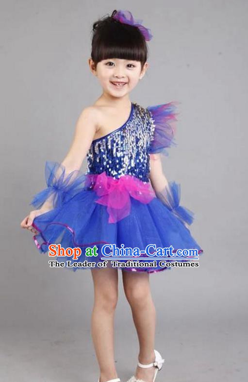 Chinese Classic Stage Performance Costume Children Modern Dance Princess Blue Bubble Dress for Kids