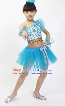 Top Grade Stage Performance Latin Dance Costume, Professional Modern Dance Blue Bubble Dress for Kids