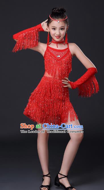 Top Grade Stage Performance Jazz Dance Costume, Professional Modern Dance Red Tassel Uniforms for Kids