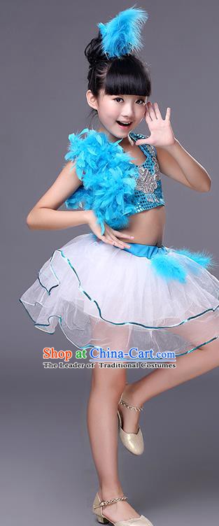 Top Grade Stage Performance Jazz Dance Costume, Professional Modern Dance Blue Clothing for Kids