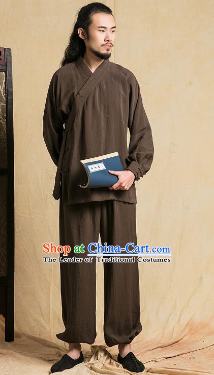 Top Grade Kung Fu Costume Martial Arts Training Brown Linen Suits Gongfu Wushu Tang Suit Clothing for Men