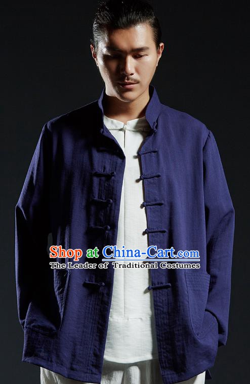 Chinese Kung Fu Shirts Martial Arts Navy Linen Jacket Gongfu Costume Wushu Tai Chi Clothing for Men