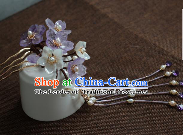 Traditional Chinese Ancient Hair Accessories Handmade Purple Flowers Tassel Hair Clip Hanfu Hairpins for Women