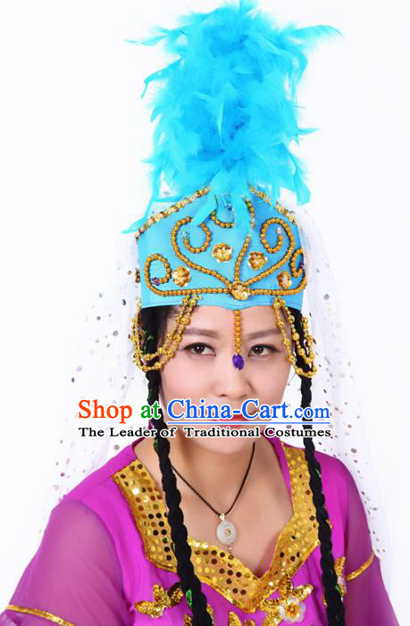 Chinese Traditional Classical Dance Hair Accessories Uyghur Nationality Blue Feather Headwear for Women