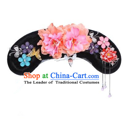 Chinese Ancient Manchu Princess Hair Accessories Wig and Orange Peony Hairpins Traditional Qing Dynasty Palace Lady Headwear for Kids