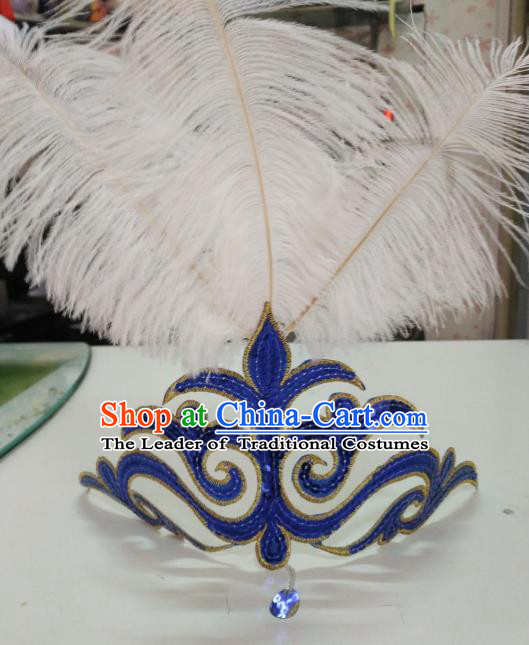 Chinese Classical Dance Blue Hair Accessories Traditional Folk Dance Yanko Dance White Feather Headwear for Women