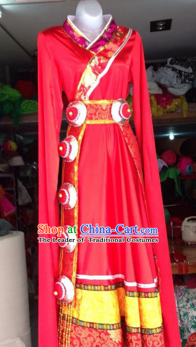 Traditional Chinese Zang Nationality Dance Costume, Folk Dance Tibetan Minority Red Dress for Women