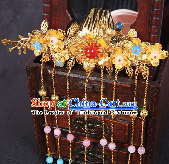 Chinese Ancient Hair Accessories Hanfu Hairpins Golden Phoenix Coronet Traditional Palace Headwear for Women