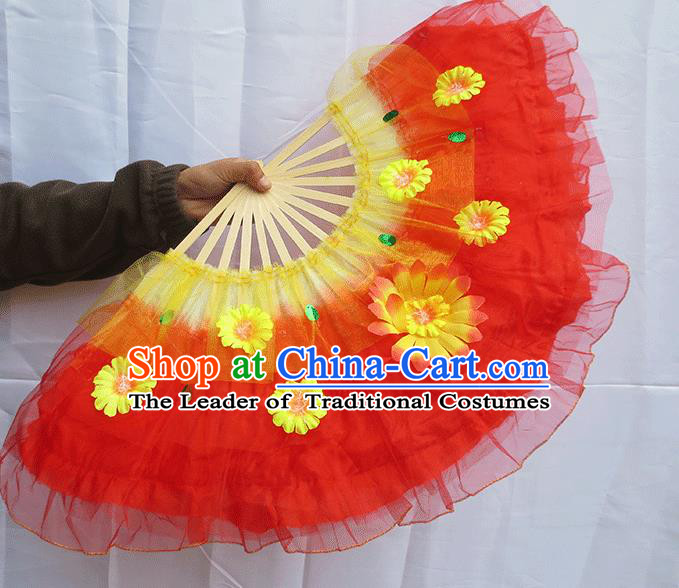 Chinese Traditional Folk Dance Folding Fans Classical Yangko Dance Red Silk Fans for Women