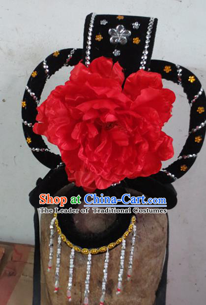 Chinese Traditional Beijing Opera Hair Accessories Classical Dance Red Peony Headwear for Women
