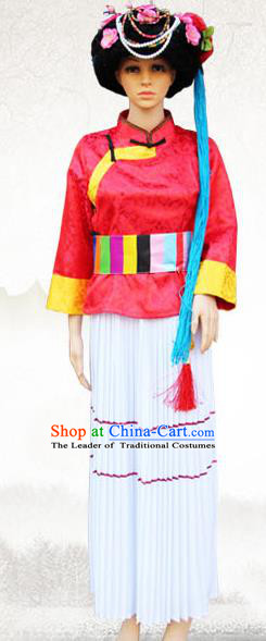 Traditional Chinese Pumi Nationality Dance Costume and Headwear, China Ethnic Minority Embroidery Clothing and Headdress for Women